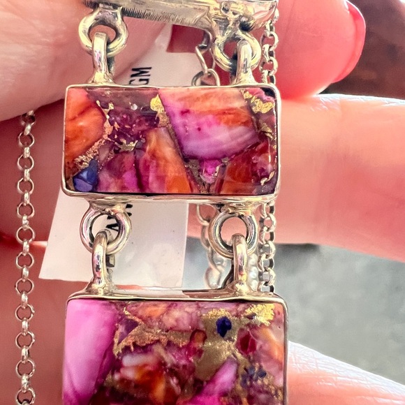 ❤️ Pink Dahlia Turquoise 925 Southwestern Navajo Style Bar Necklace 18+2” 21.6gm - Picture 8 of 16